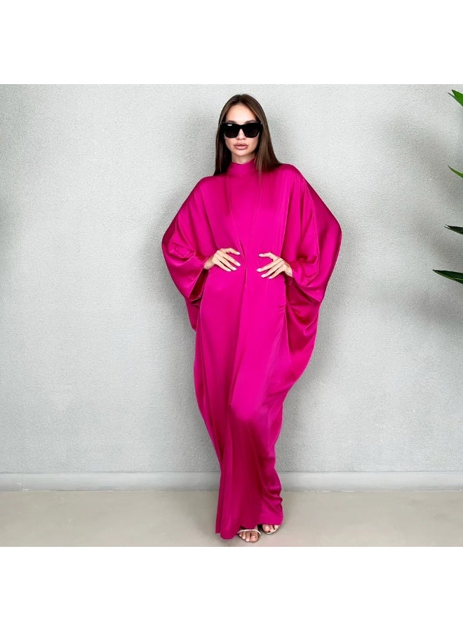 QABEELA RAM23 JAMILA HIGH NECK HOT PINK SILK SATIN KAFTAN - Image 1